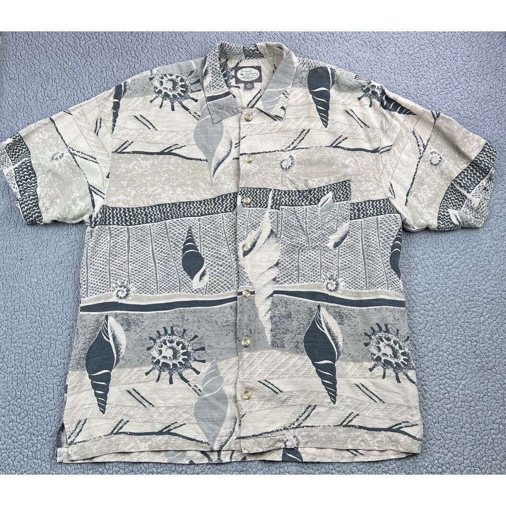 Tommy Bahama Shirt Mens XL Beige 100% Silk Hawaiian Sea Shell Camp Textured